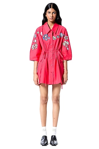 Red Cotton Embellished Shirt Dress by Kanika Goyal