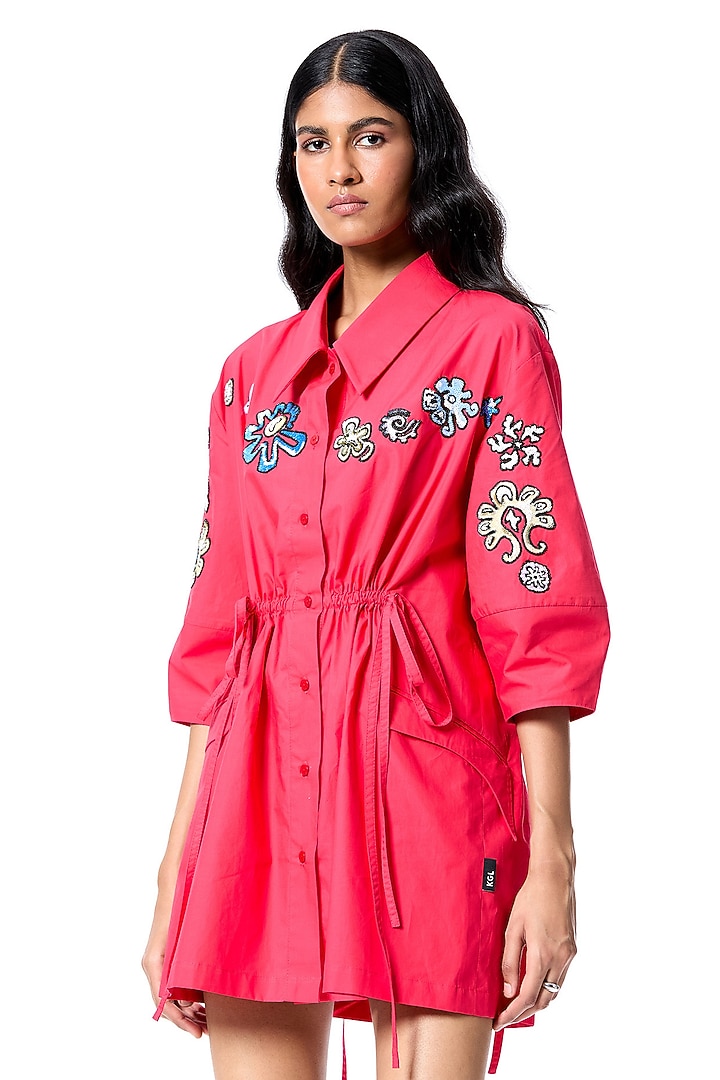 Red Cotton Embellished Vacation Shirt Dress by Kanika Goyal at Pernia's Pop Up Shop