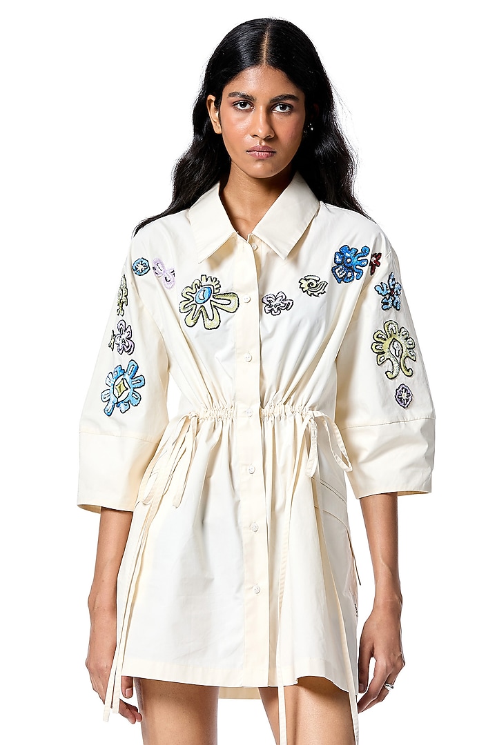 White Cotton Embellished Vacation Shirt Dress by Kanika Goyal at Pernia's Pop Up Shop