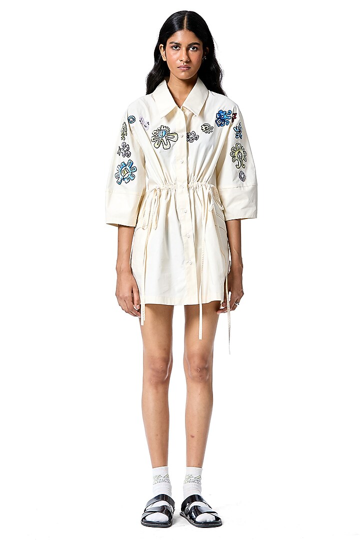 White Cotton Embellished Vacation Shirt Dress by Kanika Goyal at Pernia's Pop Up Shop