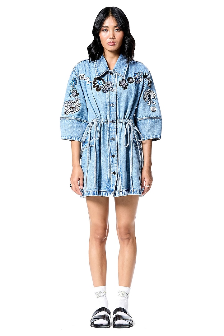 Blue Cotton Embellished Vacation Shirt Dress by Kanika Goyal at Pernia's Pop Up Shop