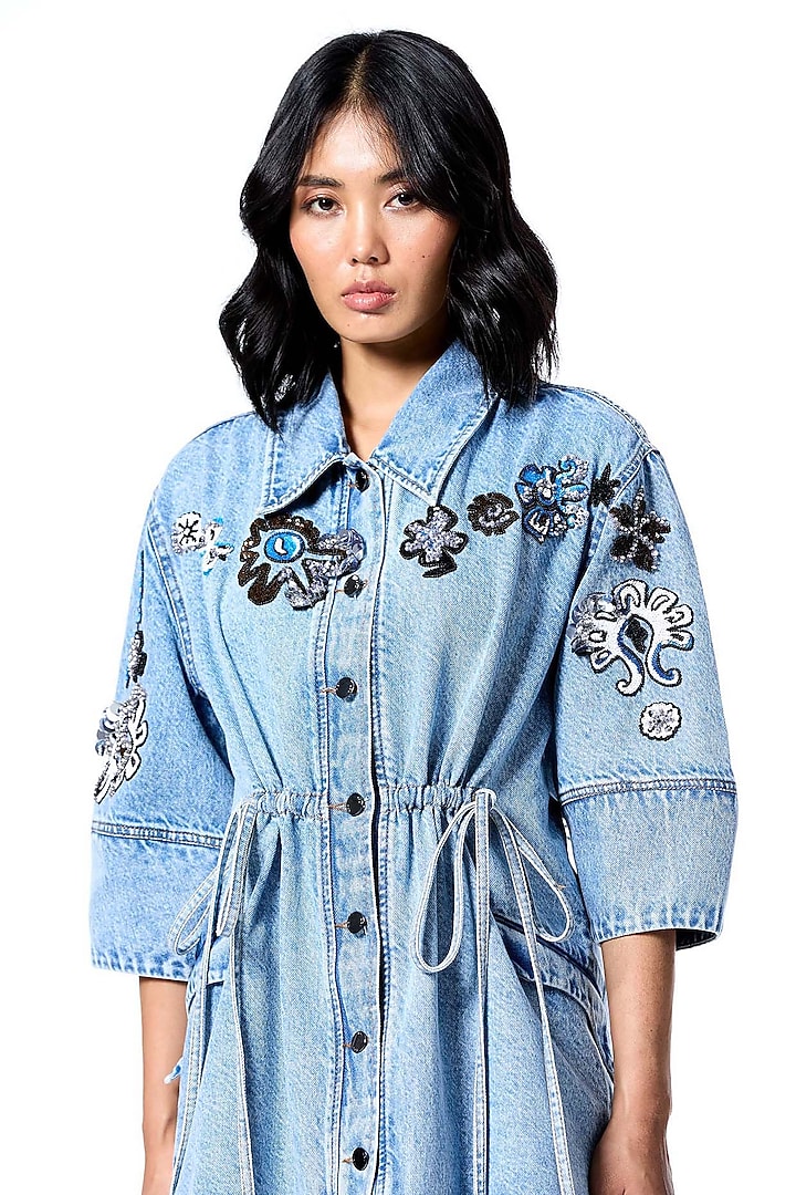Blue Cotton Embellished Vacation Shirt Dress by Kanika Goyal at Pernia's Pop Up Shop