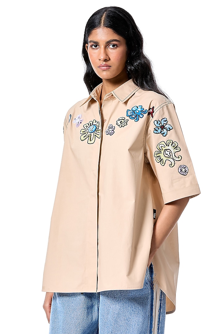 Beige Cotton Hand Embellished Shirt by Kanika Goyal at Pernia's Pop Up Shop