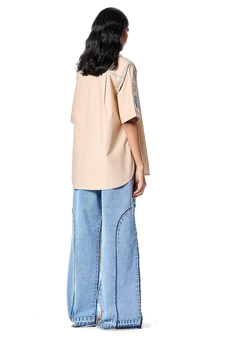 Beige Cotton Hand Embellished Shirt by Kanika Goyal at Pernia's Pop Up Shop