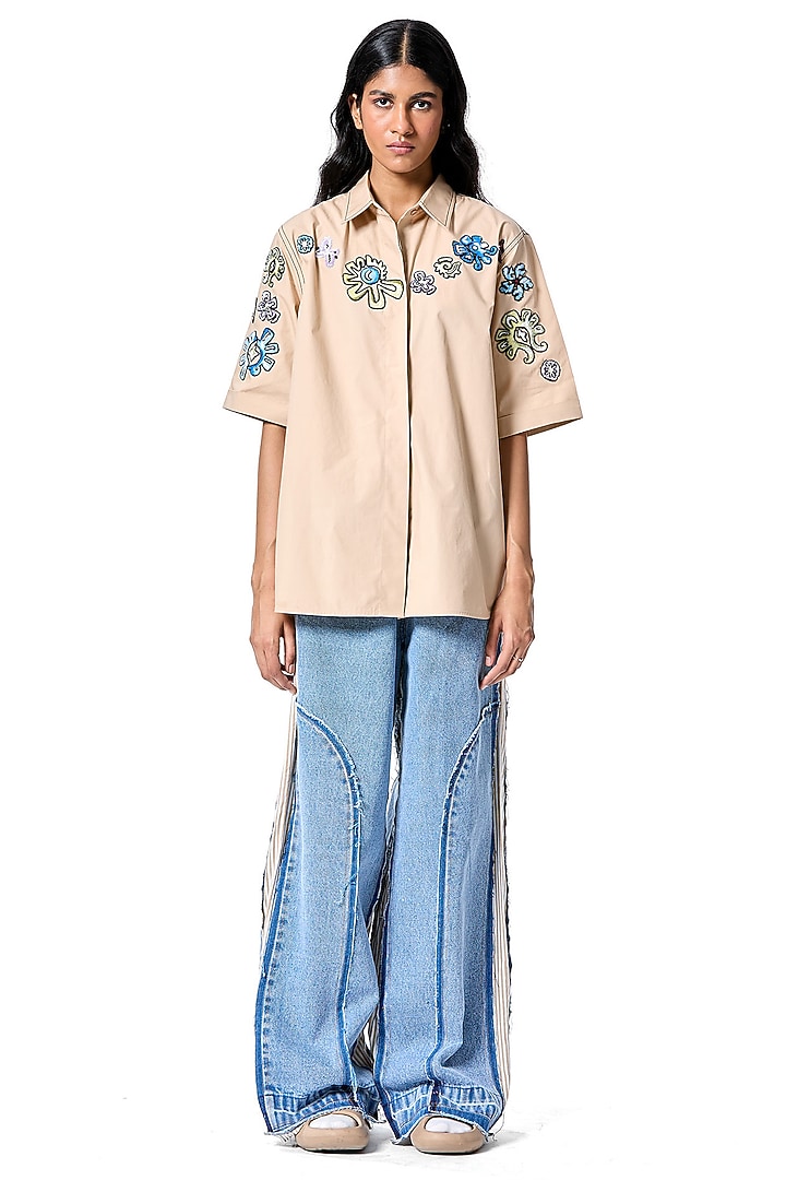 Beige Cotton Hand Embellished Shirt by Kanika Goyal at Pernia's Pop Up Shop