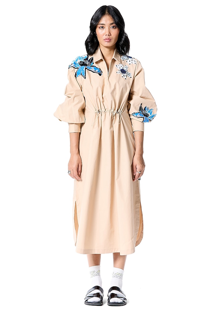 Beige Cotton Embellished Vacation Shirt Dress by Kanika Goyal at Pernia's Pop Up Shop