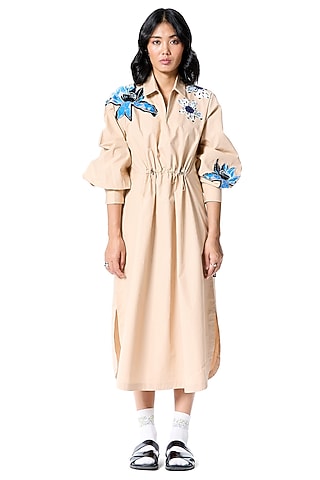 Beige Cotton Embellished Shirt Dress by Kanika Goyal