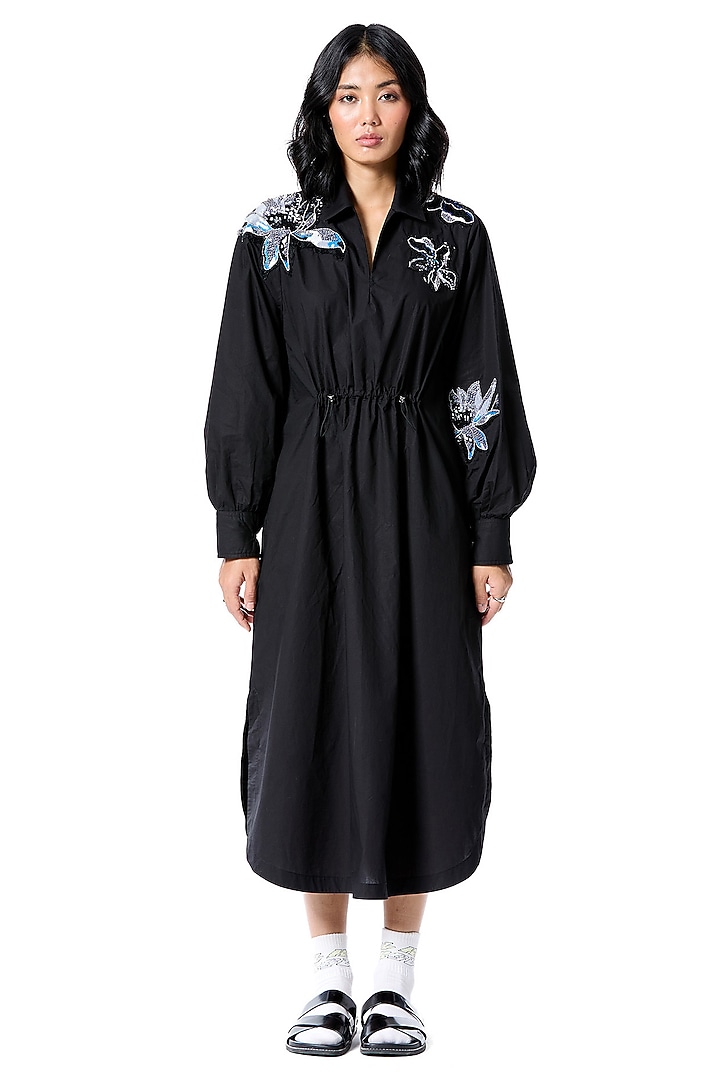 Black Cotton Embellished Vacation Shirt Dress by Kanika Goyal at Pernia's Pop Up Shop