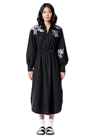 Black Cotton Embellished Shirt Dress by Kanika Goyal