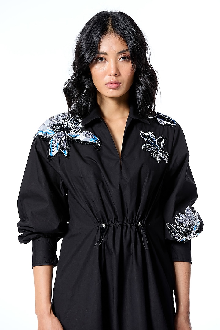 Black Cotton Embellished Vacation Shirt Dress by Kanika Goyal at Pernia's Pop Up Shop
