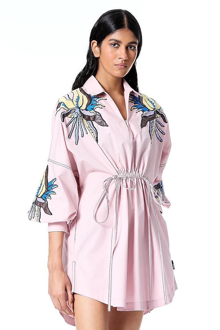 Pink Cotton Embellished Vacation Dress by Kanika Goyal at Pernia's Pop Up Shop