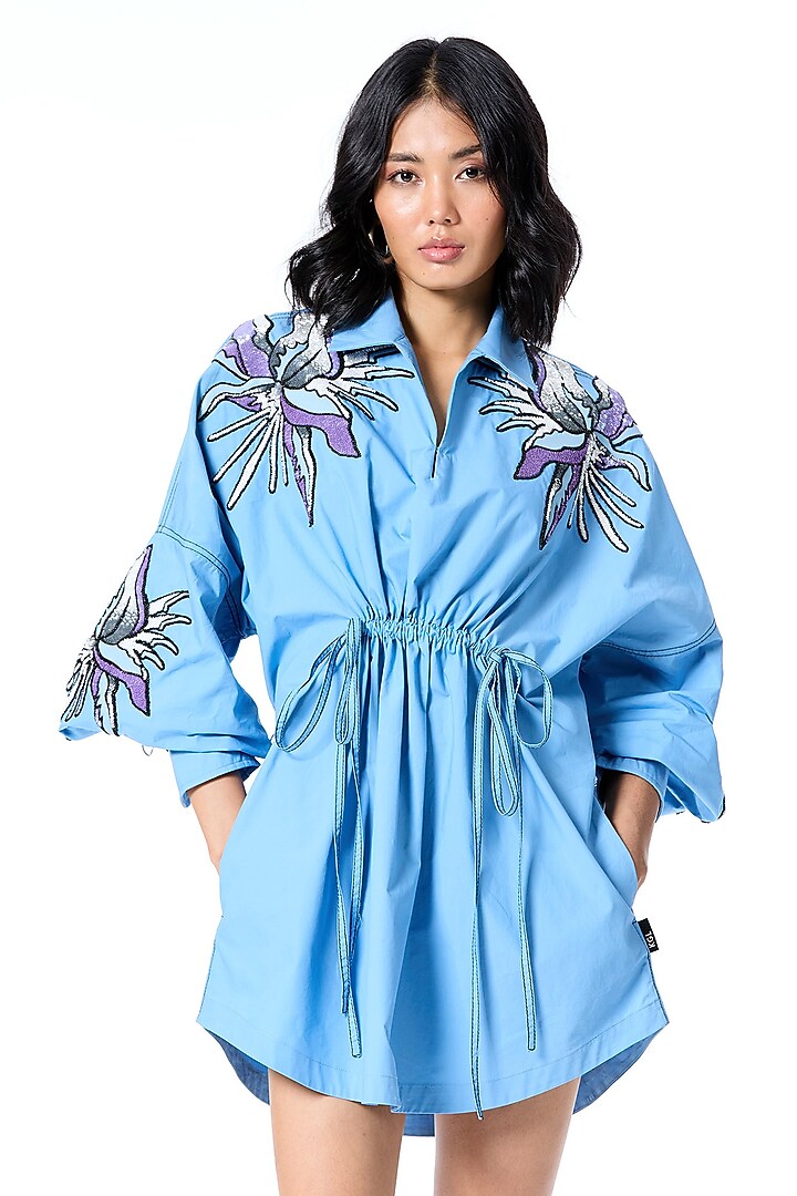 Blue Cotton Embellished Vacation Dress by Kanika Goyal at Pernia's Pop Up Shop