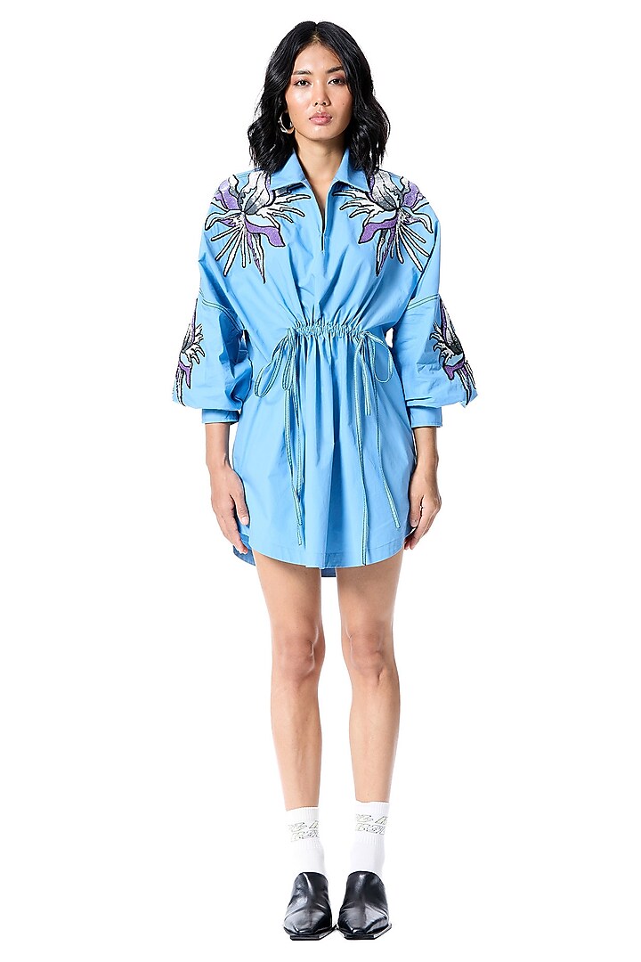 Blue Cotton Embellished Vacation Dress by Kanika Goyal at Pernia's Pop Up Shop