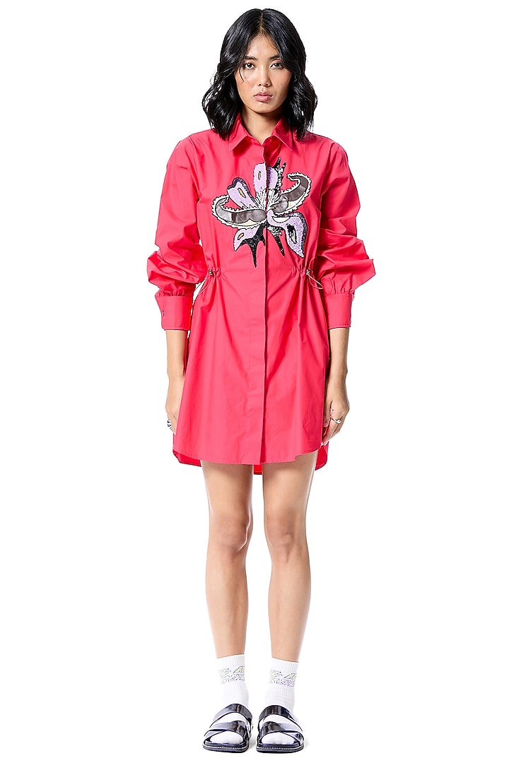 Red Cotton Embellished Vacation Shirt Dress by Kanika Goyal at Pernia's Pop Up Shop