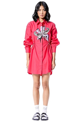 Red Cotton Embellished Shirt Dress by Kanika Goyal