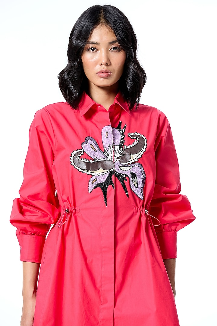 Red Cotton Embellished Vacation Shirt Dress by Kanika Goyal at Pernia's Pop Up Shop