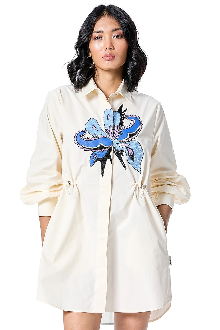 White Cotton Embellished Vacation Shirt Dress by Kanika Goyal at Pernia's Pop Up Shop