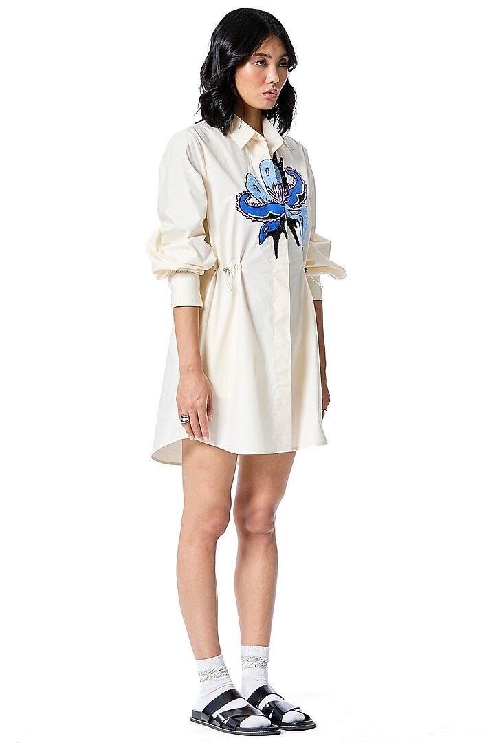 White Cotton Embellished Vacation Shirt Dress by Kanika Goyal at Pernia's Pop Up Shop