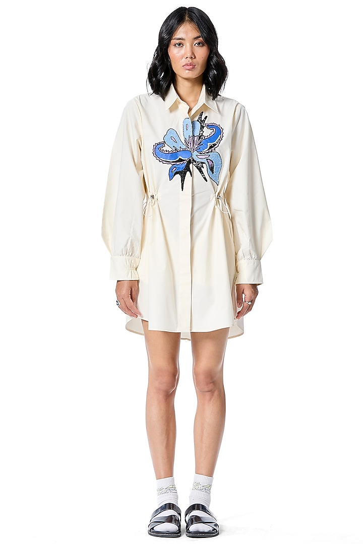 White Cotton Embellished Vacation Shirt Dress by Kanika Goyal at Pernia's Pop Up Shop