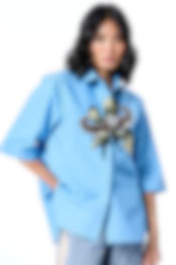Blue Cotton Hand Embellished Shirt by Kanika Goyal at Pernia's Pop Up Shop