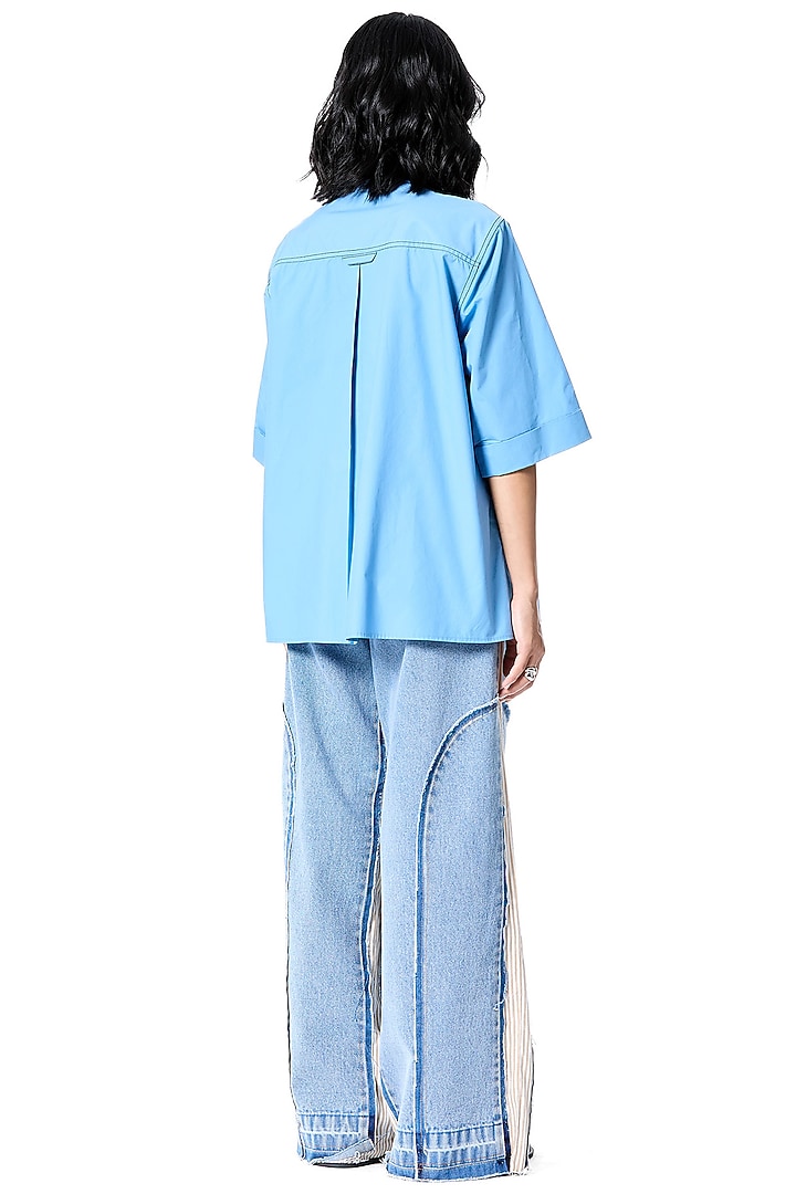 Blue Cotton Hand Embellished Shirt by Kanika Goyal at Pernia's Pop Up Shop