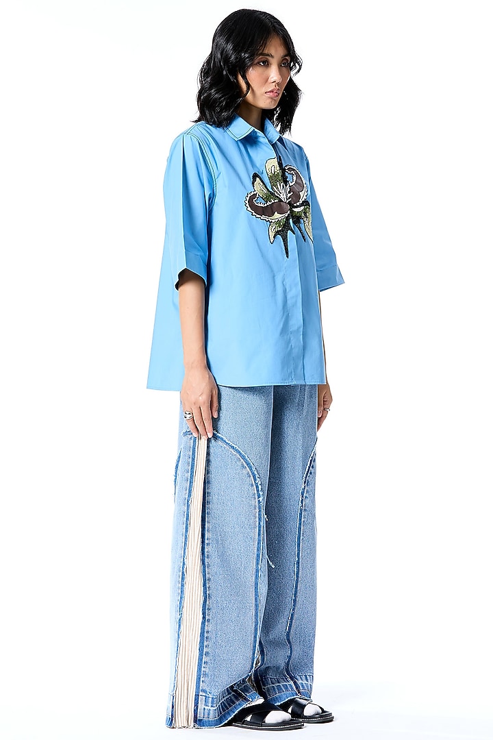 Blue Cotton Hand Embellished Shirt by Kanika Goyal at Pernia's Pop Up Shop