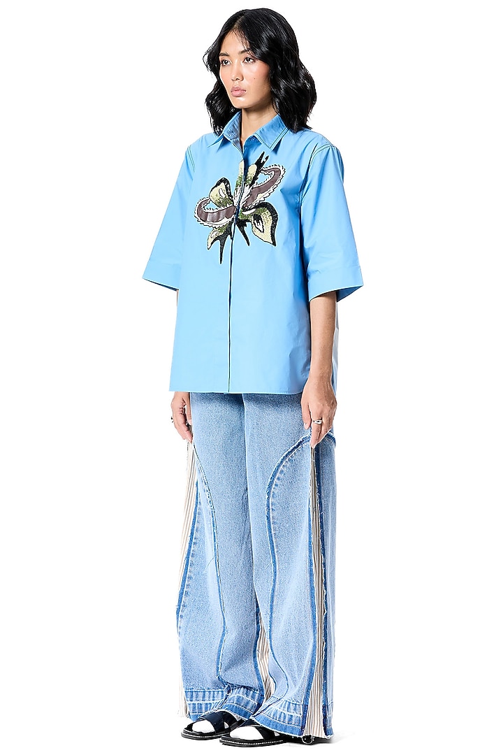 Blue Cotton Hand Embellished Shirt by Kanika Goyal at Pernia's Pop Up Shop