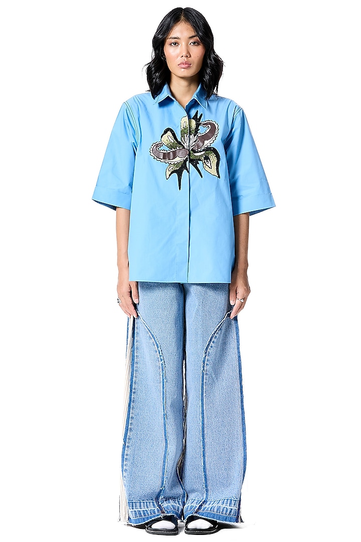 Blue Cotton Hand Embellished Shirt by Kanika Goyal at Pernia's Pop Up Shop