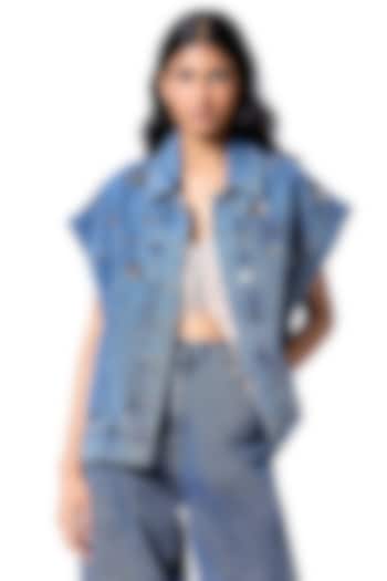 Blue Cotton Hand Embellished Vest by Kanika Goyal at Pernia's Pop Up Shop