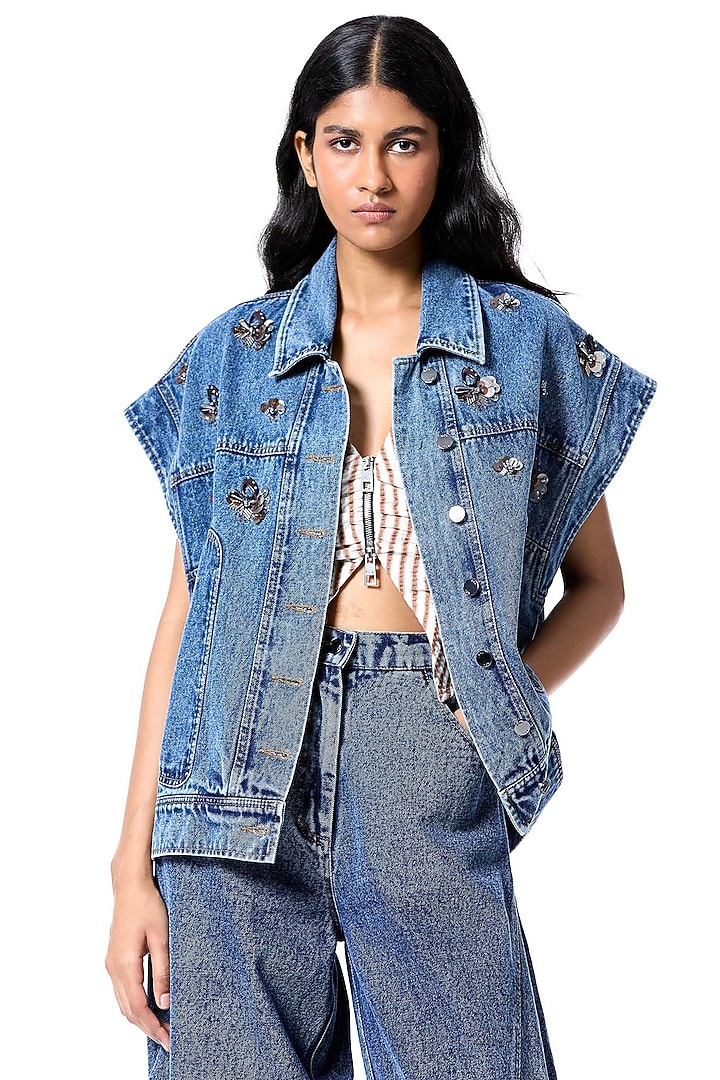 Blue Cotton Hand Embellished Vest by Kanika Goyal at Pernia's Pop Up Shop