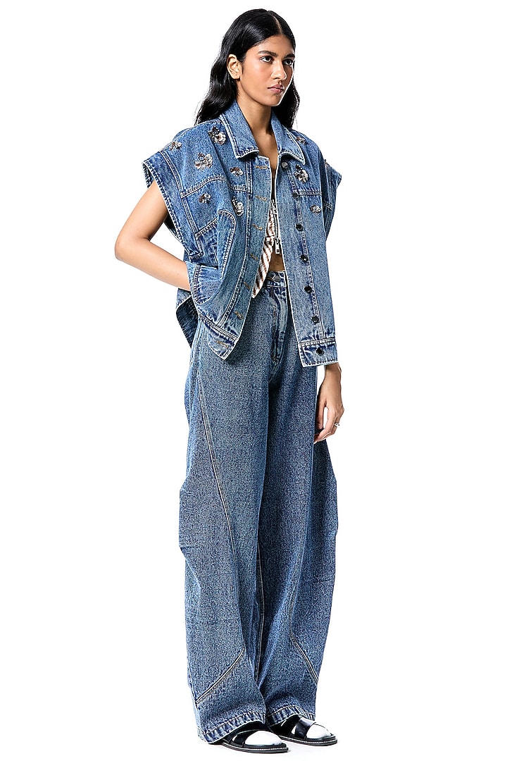 Blue Cotton Hand Embellished Vest by Kanika Goyal at Pernia's Pop Up Shop