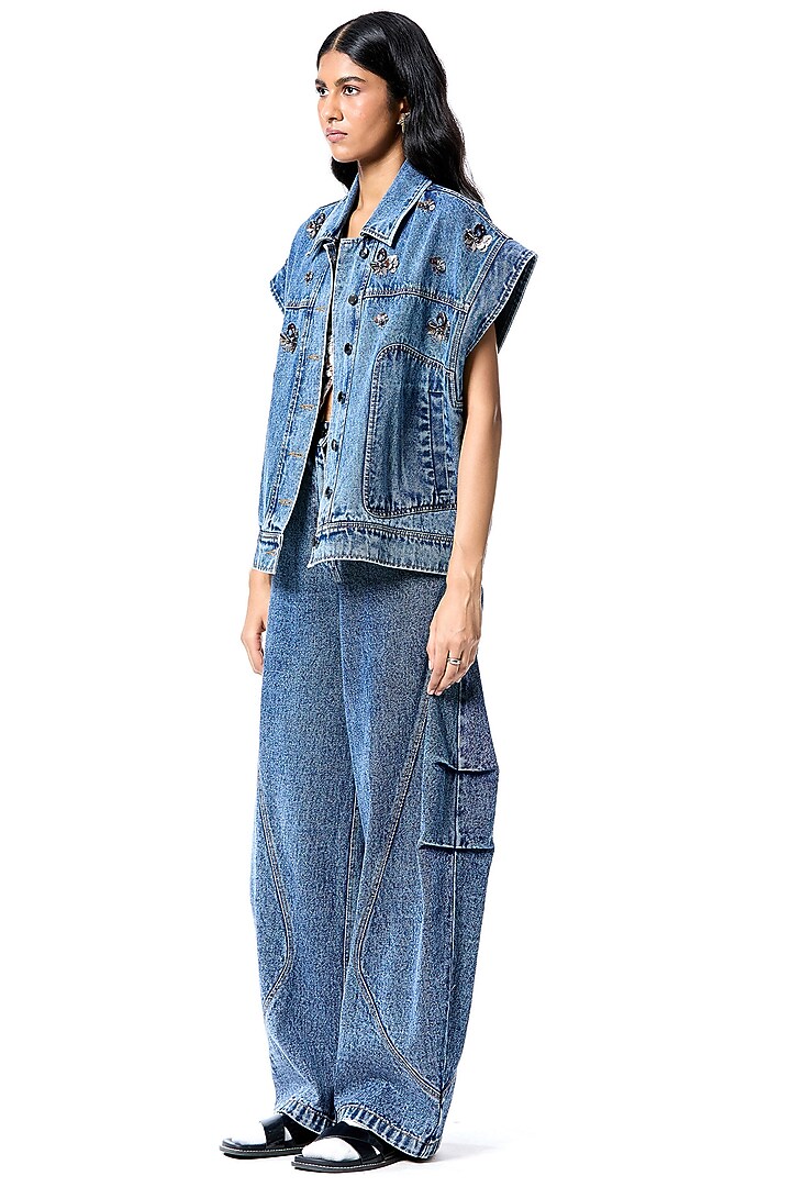 Blue Cotton Hand Embellished Vest by Kanika Goyal at Pernia's Pop Up Shop
