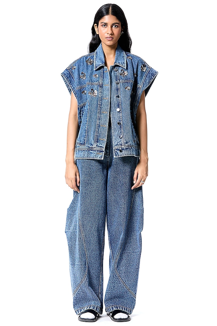 Blue Cotton Hand Embellished Vest by Kanika Goyal at Pernia's Pop Up Shop