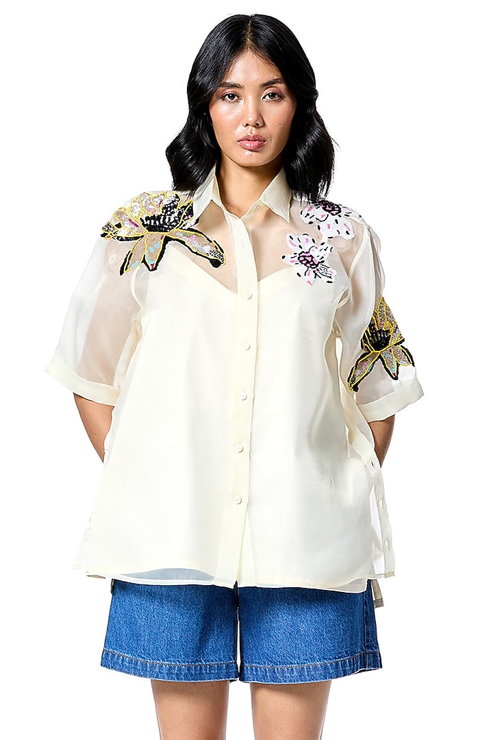 Off-White Organza Hand Embellished Shirt by Kanika Goyal at Pernia's Pop Up Shop