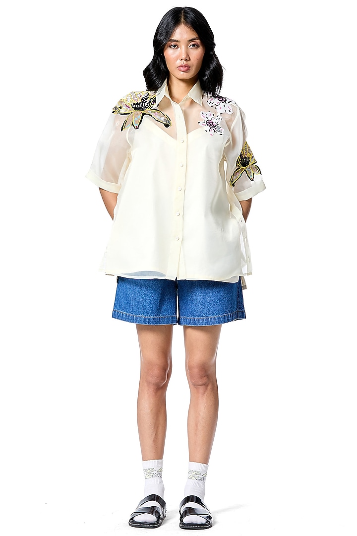 Off-White Organza Hand Embellished Shirt by Kanika Goyal at Pernia's Pop Up Shop