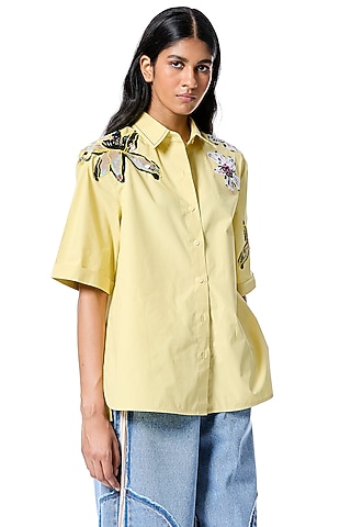 Yellow Cotton Hand Embellished Shirt by Kanika Goyal