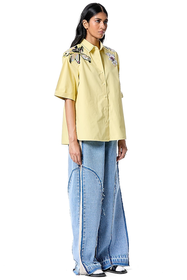 Yellow Cotton Hand Embellished Shirt by Kanika Goyal at Pernia's Pop Up Shop