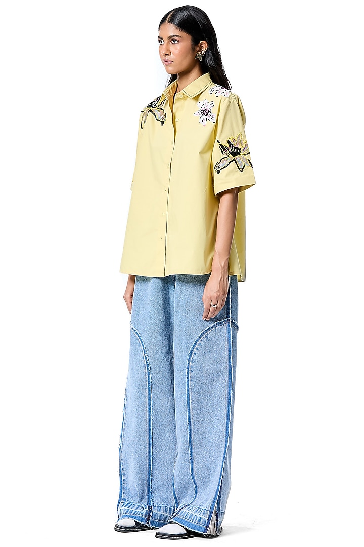 Yellow Cotton Hand Embellished Shirt by Kanika Goyal at Pernia's Pop Up Shop