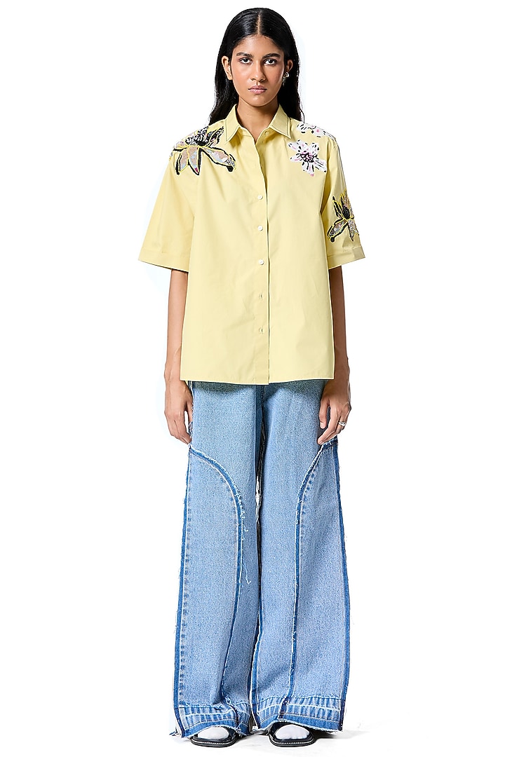 Yellow Cotton Hand Embellished Shirt by Kanika Goyal at Pernia's Pop Up Shop