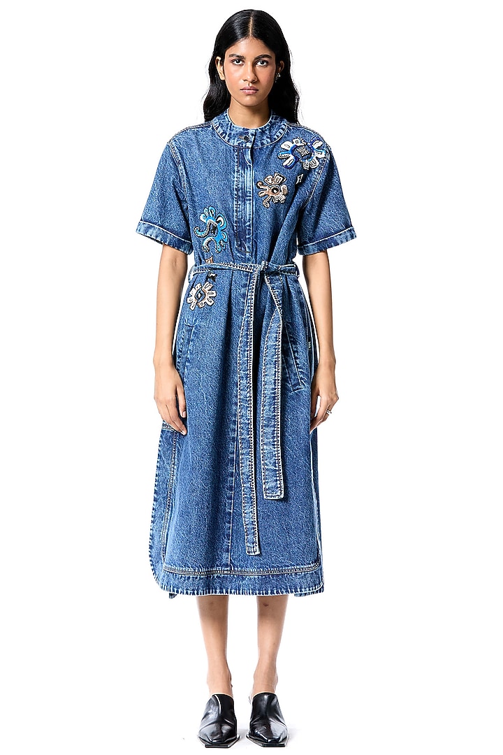 Blue Cotton Hand Embellished Vacation Dress by Kanika Goyal at Pernia's Pop Up Shop