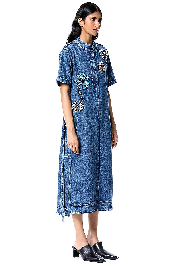 Blue Cotton Hand Embellished Cocktail Dress by Kanika Goyal at Pernia's Pop Up Shop