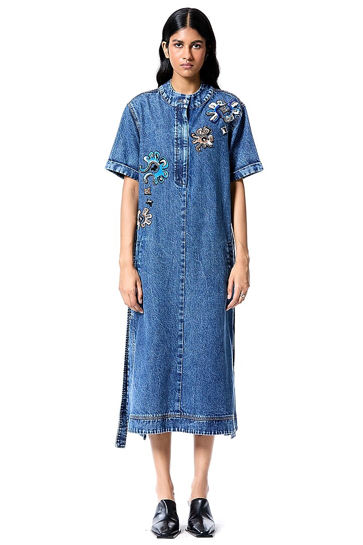 Blue Cotton Hand Embellished Cocktail Dress by Kanika Goyal at Pernia's Pop Up Shop