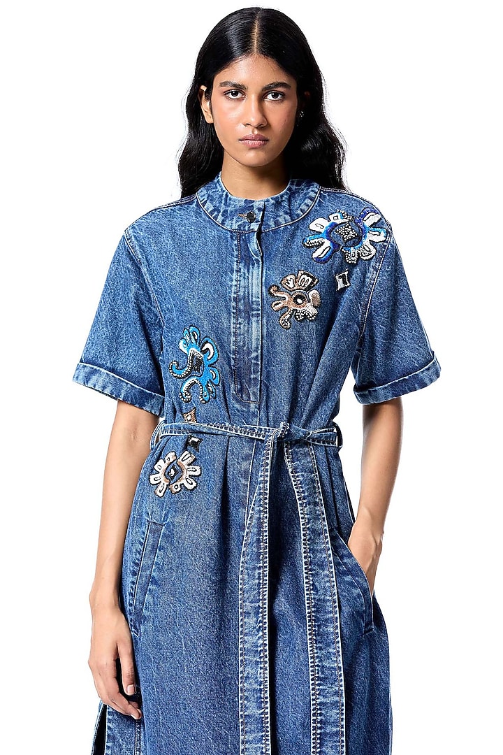 Blue Cotton Hand Embellished Cocktail Dress by Kanika Goyal at Pernia's Pop Up Shop