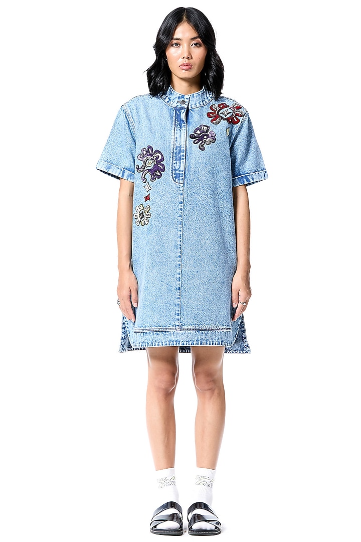 Blue Cotton Hand Embellished Vacation Dress by Kanika Goyal at Pernia's Pop Up Shop