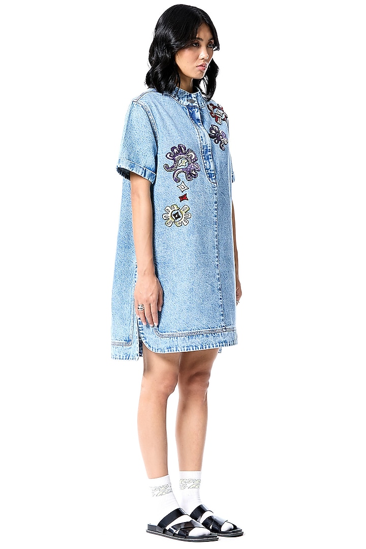 Blue Cotton Hand Embellished Vacation Dress by Kanika Goyal at Pernia's Pop Up Shop