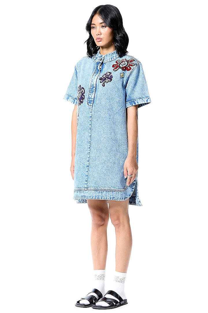 Blue Cotton Hand Embellished Vacation Dress by Kanika Goyal at Pernia's Pop Up Shop