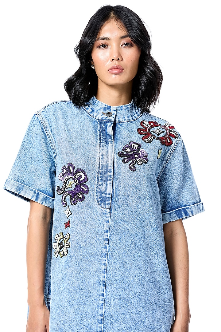 Blue Cotton Hand Embellished Vacation Dress by Kanika Goyal at Pernia's Pop Up Shop