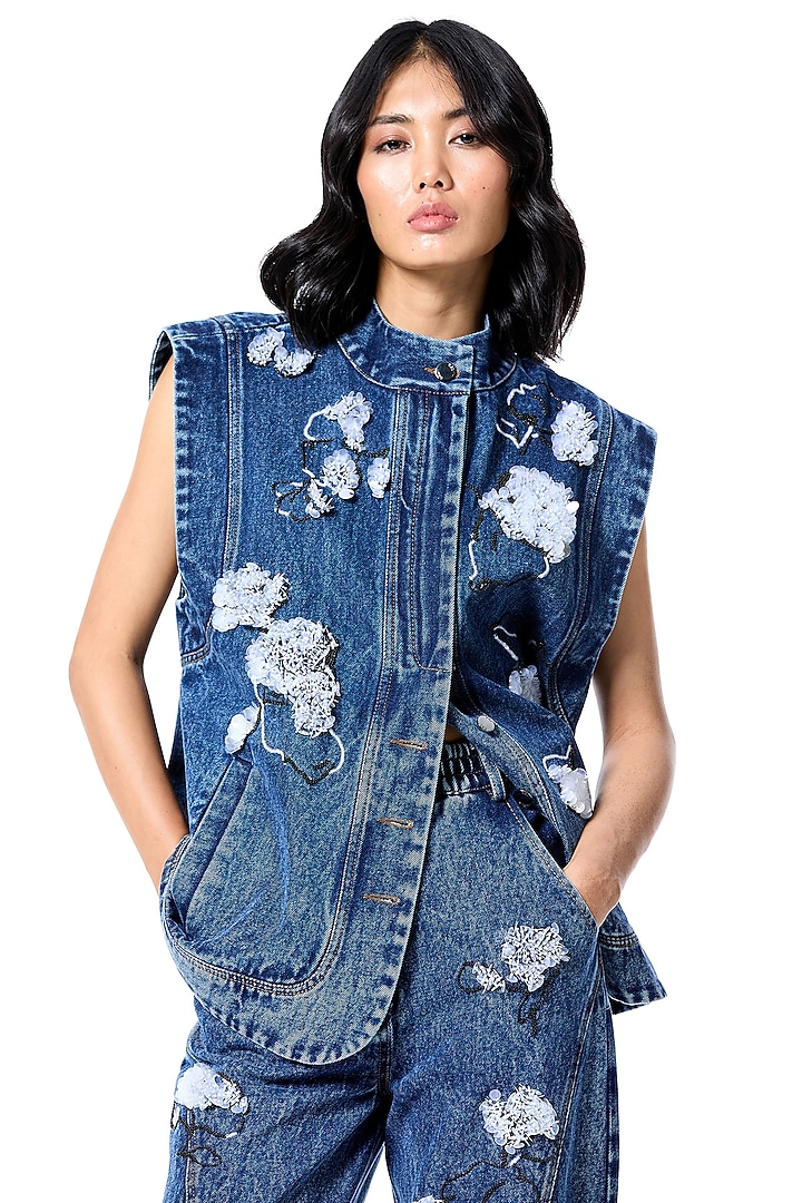 Blue Cotton Embellished Vest by Kanika Goyal at Pernia's Pop Up Shop