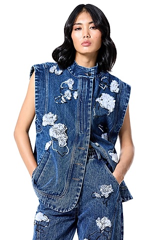 Blue Cotton Embellished Vest by Kanika Goyal