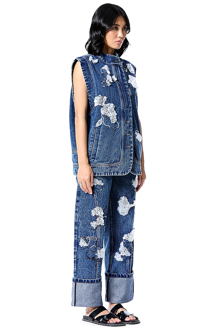 Blue Cotton Embellished Vest by Kanika Goyal at Pernia's Pop Up Shop
